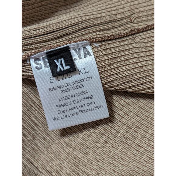 SER.O.YA Camel Beige Ribbed Knit V-Neck Long Sleeve Stretch Mini Dress Seroya XL - Picture 8 of 10